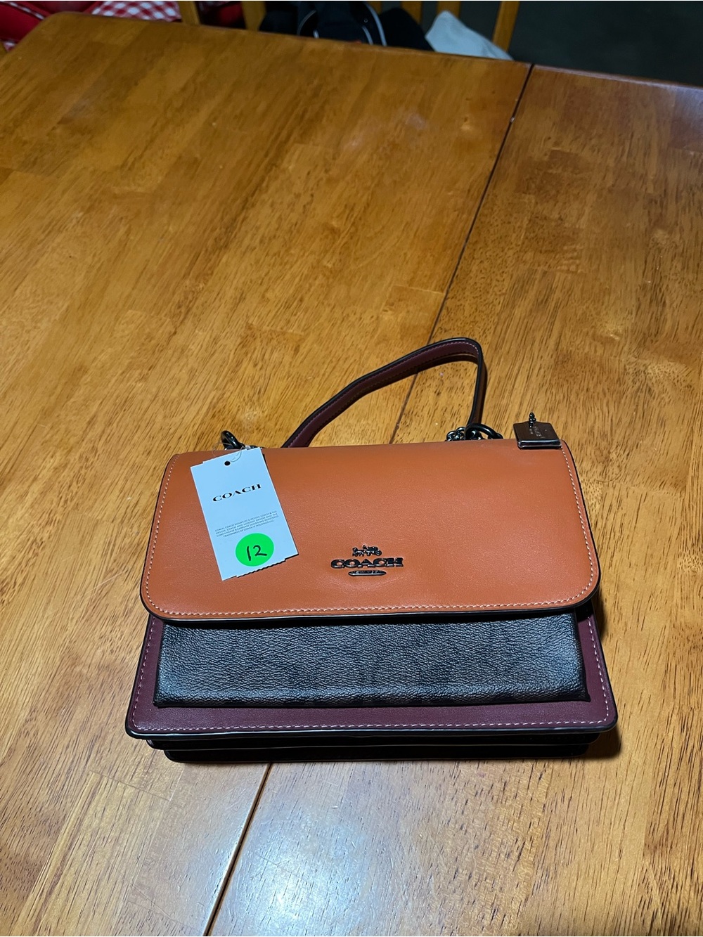 Coach Colorblock Leather Top-Handle Satchel in Tan, Brown and Burgundy